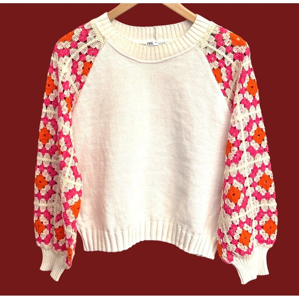 Zara Crochet Sleeve Granny Square Sweater Boho Retro Colorful Knit Pullover
